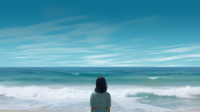 海边夕阳下的女子眺望大海和天空摄影图