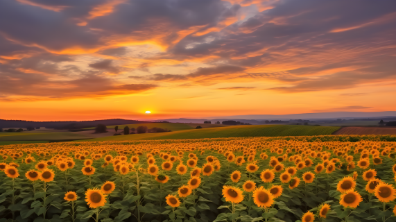 金色向日葵与落日，迷人风景摄影图