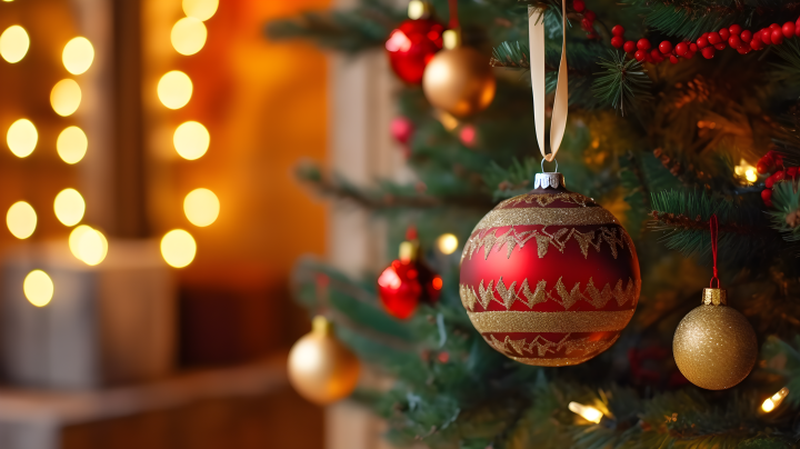 红金装饰的圣诞树摄影版权图片下载
