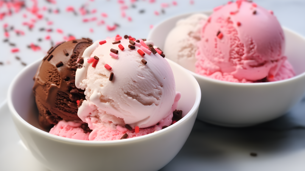 两碗粉红洒点巧克力冰淇淋的摄影图片