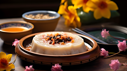 柔和粉质中国风芋泥甜点摄影图