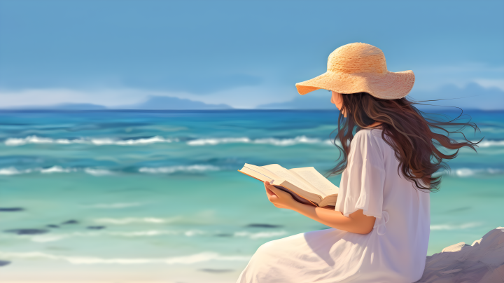 海滩上的女人静静阅读书本摄影版权图片下载