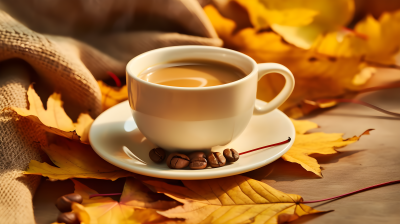 秋天树叶咖啡杯摄影图片