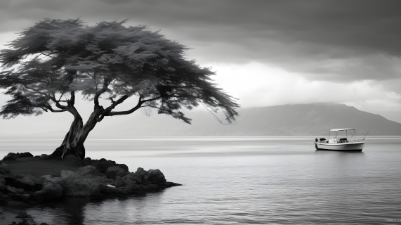 热带寓意下的孤舟与孤树摄影图