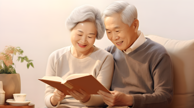 亚洲风灰铜配色的老年夫妇在沙发上阅读书籍的摄影图片