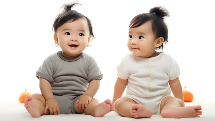 童真相伴，两位中国宝贝共坐摄影版权图片下载