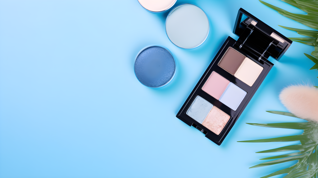 清新浅蓝灰色眼影和化妆品摄影图片