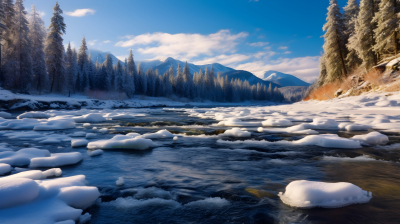 冰雪融化的河流穿过林间摄影图片