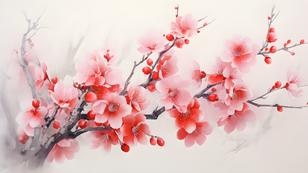 红花粉色樱花水墨画摄影图版权图片下载