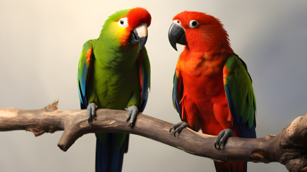色彩斑斓的两只鹦鹉坐在树枝上的摄影图片