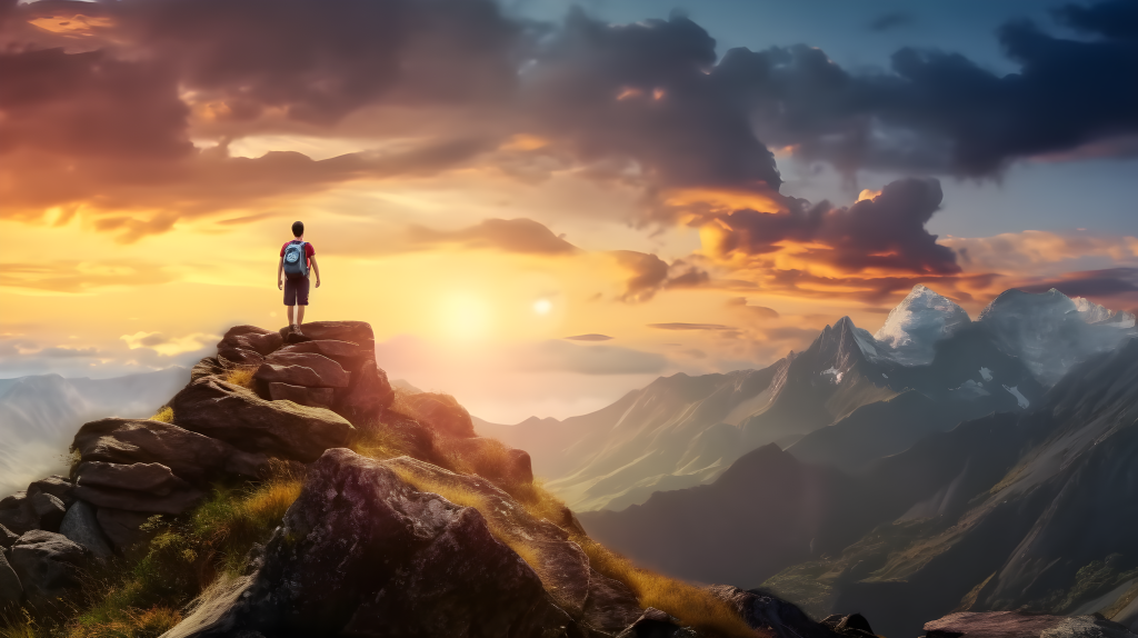 高山顶上的背包客手举摄影图