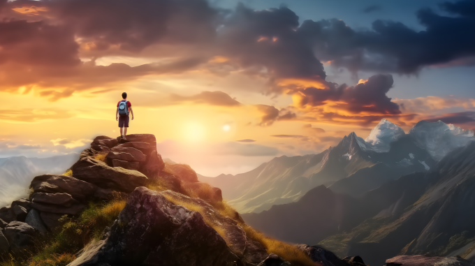 高山顶上的背包客手举摄影图