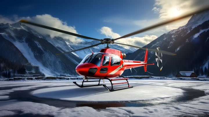 雪山下的直升机摄影版权图片下载