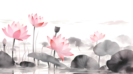 中国水墨山水画风格的粉色荷叶摄影图片