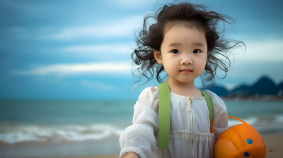 海边的小女孩橙色玩具摄影图片