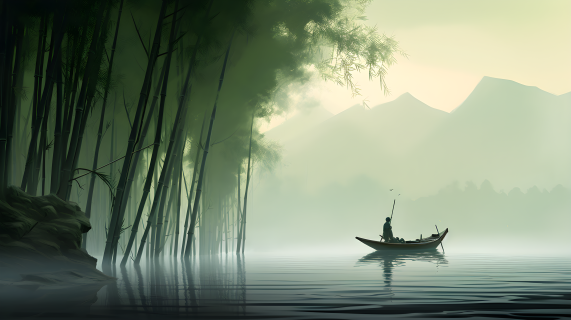 烟雨中小船后的竹林摄影图