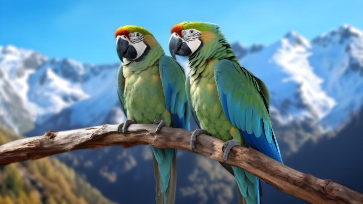 色彩缤纷的两只鹦鹉栖息在枝头上的摄影版权图片下载