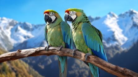 色彩缤纷的两只鹦鹉栖息在枝头上的摄影图片