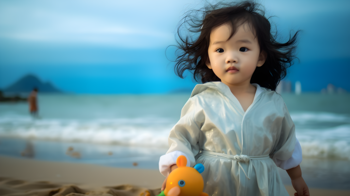 海边明亮逼真风格的小女孩玩具摄影版权图片下载