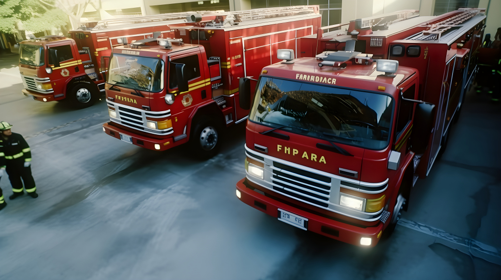 消防队门口的两辆逼真风格的消防车摄影版权图片下载