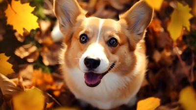 秋叶中坐着的一只可卡犬摄影图片