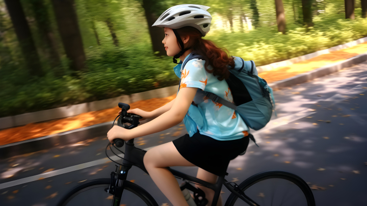 女孩骑自行车的树线道路摄影版权图片下载