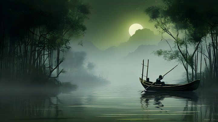 烟雾缭绕的小船与竹林画摄影图版权图片下载