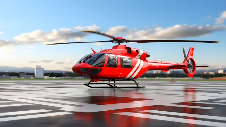 空旷机场上的红色直升机摄影版权图片下载