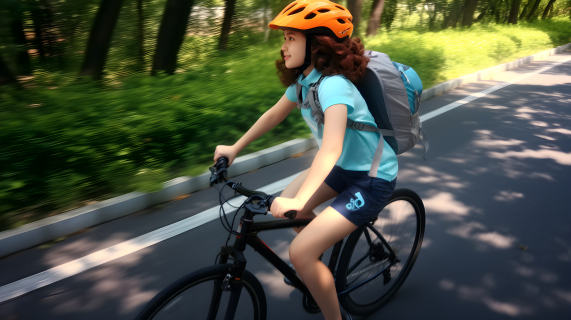 骑自行车的女孩在绿树成荫的路上摄影图