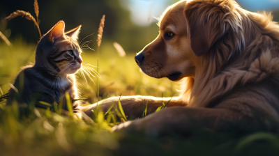 草地上的狗和猫