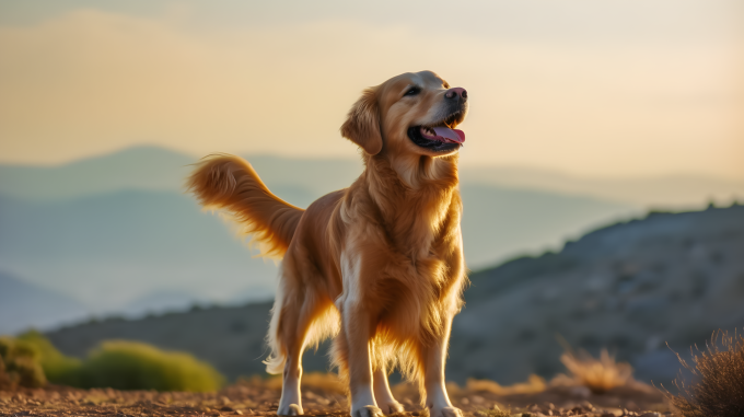 金色猎犬狗在山脚下凝望