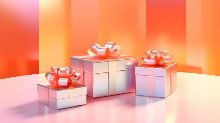 三个礼盒坐在粉橙色背景上的摄影版权图片下载