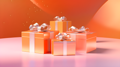 粉橙背景下的三个礼品盒摄影图片