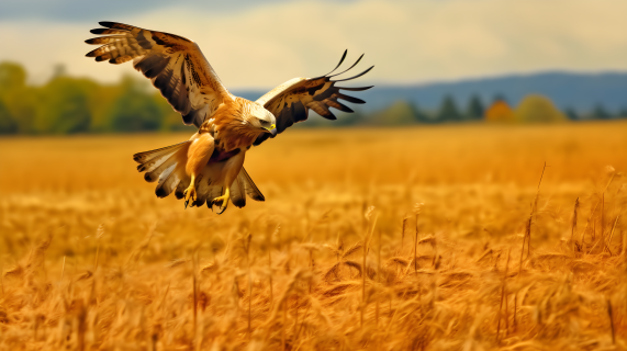 金黄麦田中的棕色老鹰猎食摄影图片