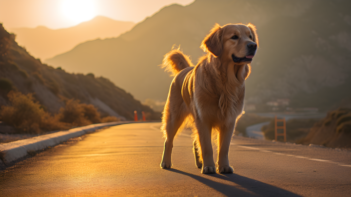 金毛犬站在山路上凝望大山的摄影图版权图片下载