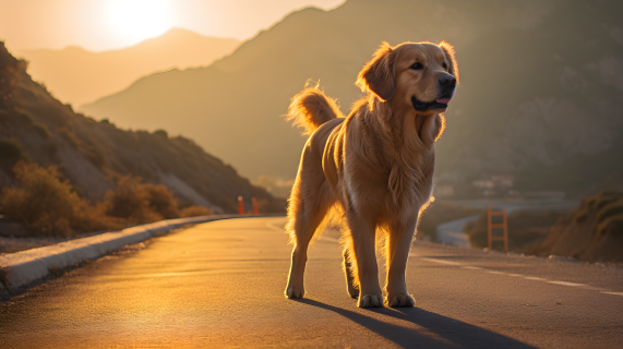 金毛犬站在山路上凝望大山的摄影图