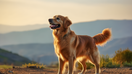 金毛犬图片山路中，凝视远山