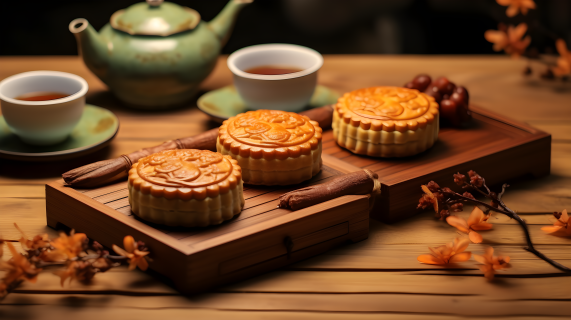 中国传统风格，餐桌上有月饼摄影图