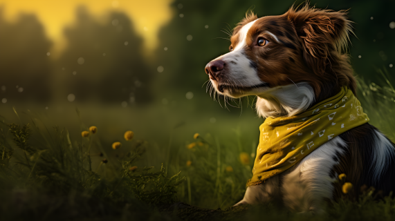 坐在草地上的狗仰望天空，佩戴黄色头巾的摄影图片