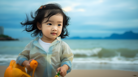 海边小女孩手持玩具的沙滩摄影图片