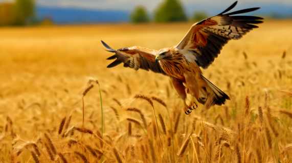 麦田中的棕色老鹰狩猎摄影图