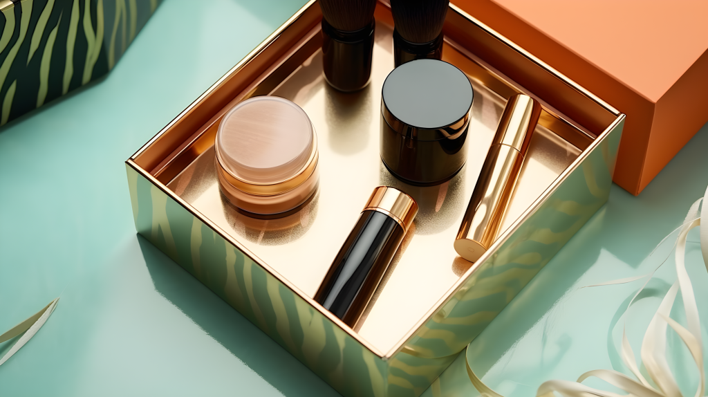 绿桌上的金色化妆品盒浅橙与淡黑相间的纹理树脂摄影版权图片下载