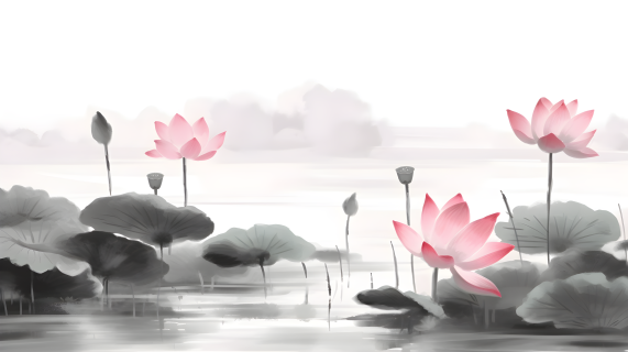 中国水墨风格仙境：美丽粉色荷叶摄影图片