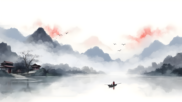 中国传统绘画风格的水墨山水摄影图版权图片下载