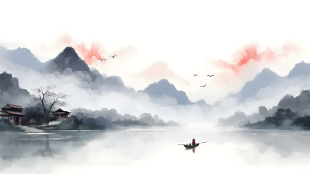 中国传统绘画风格的水墨山水摄影图