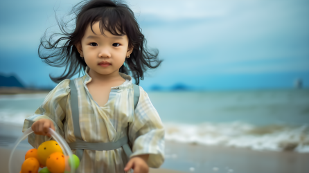 海滩上的小女孩玩具摄影图片