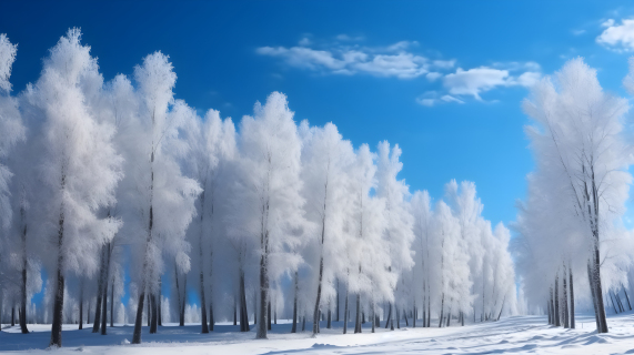蓝天白云被雪覆盖的森林摄影图片