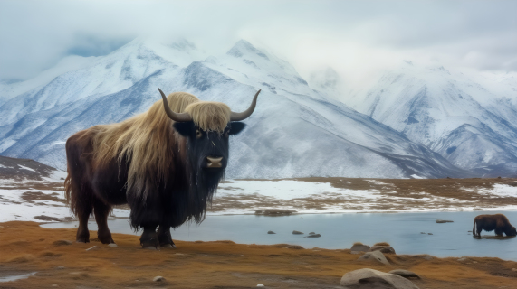 雪山湖景牦牛摄影图片