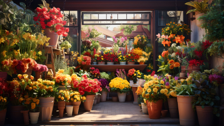 红黄色充满花朵的商店摄影图片