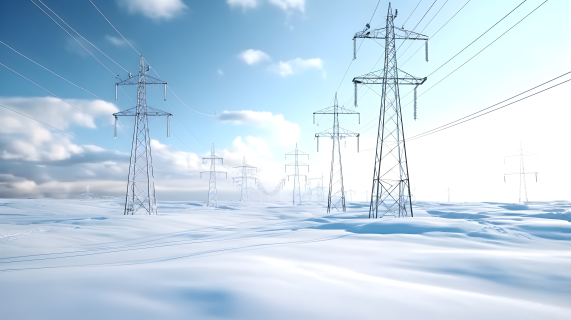 苏格兰风景的融合：灰与蔚的雪地电力桩摄影图